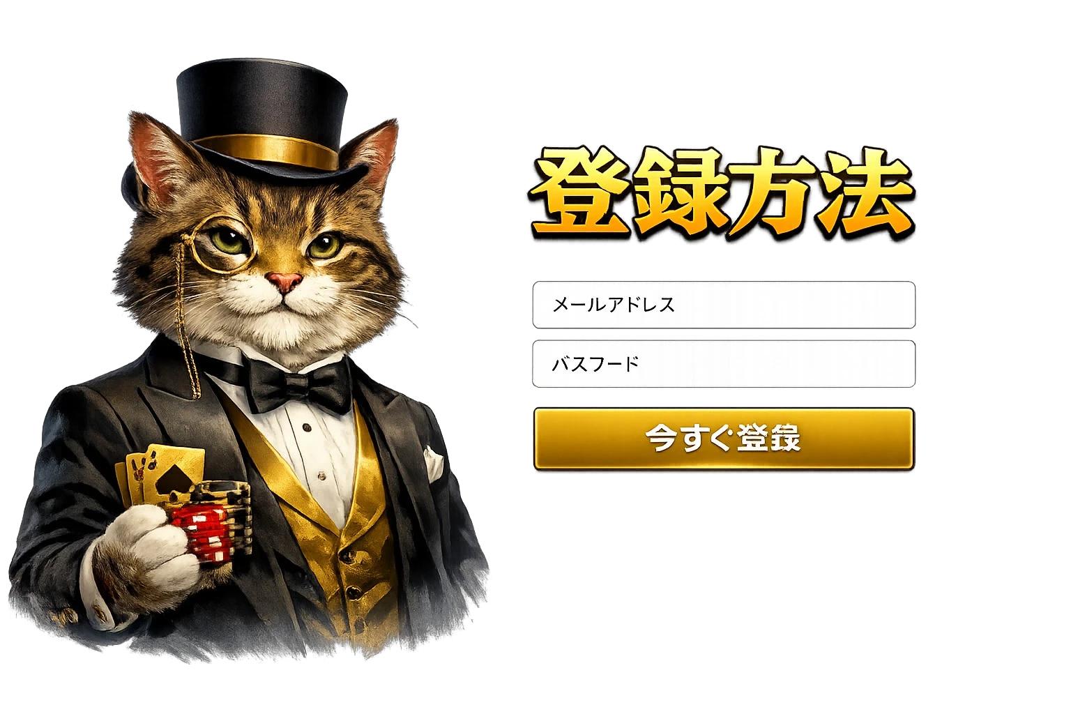 優雅堂（Yuugado）登録方法のバナー、メールアドレスとパスワードで簡単登録できるフォームとブランド猫のビジュアル