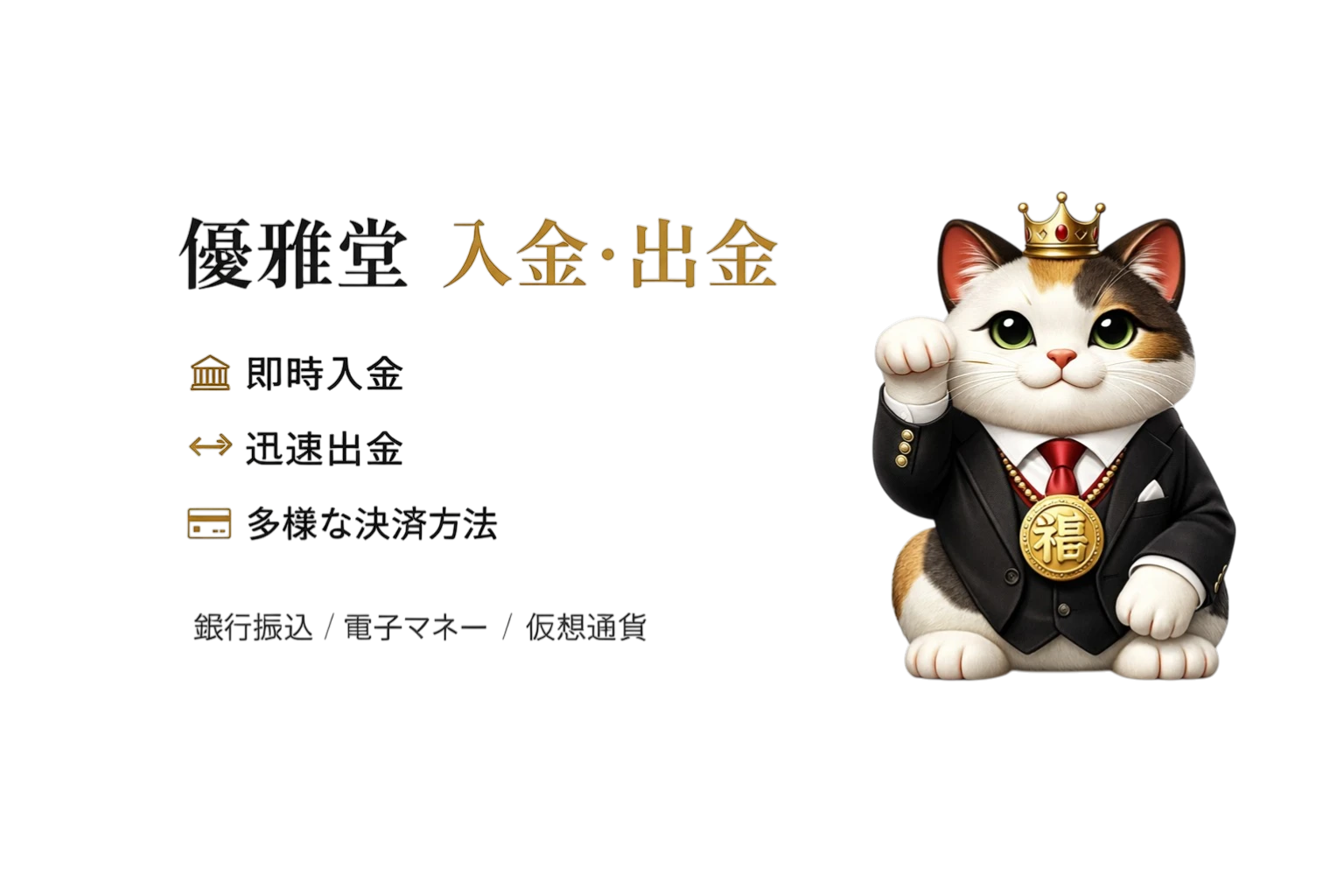 優雅堂（Yuugado）の入金・出金方法を紹介するバナー、即時入金・迅速出金・多様な決済方法と銀行振込や電子マネー対応を示すデザイン